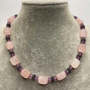 Artisan Made Rose Quartz Gemstone Purple Glass Beaded Knotted Necklace Boho